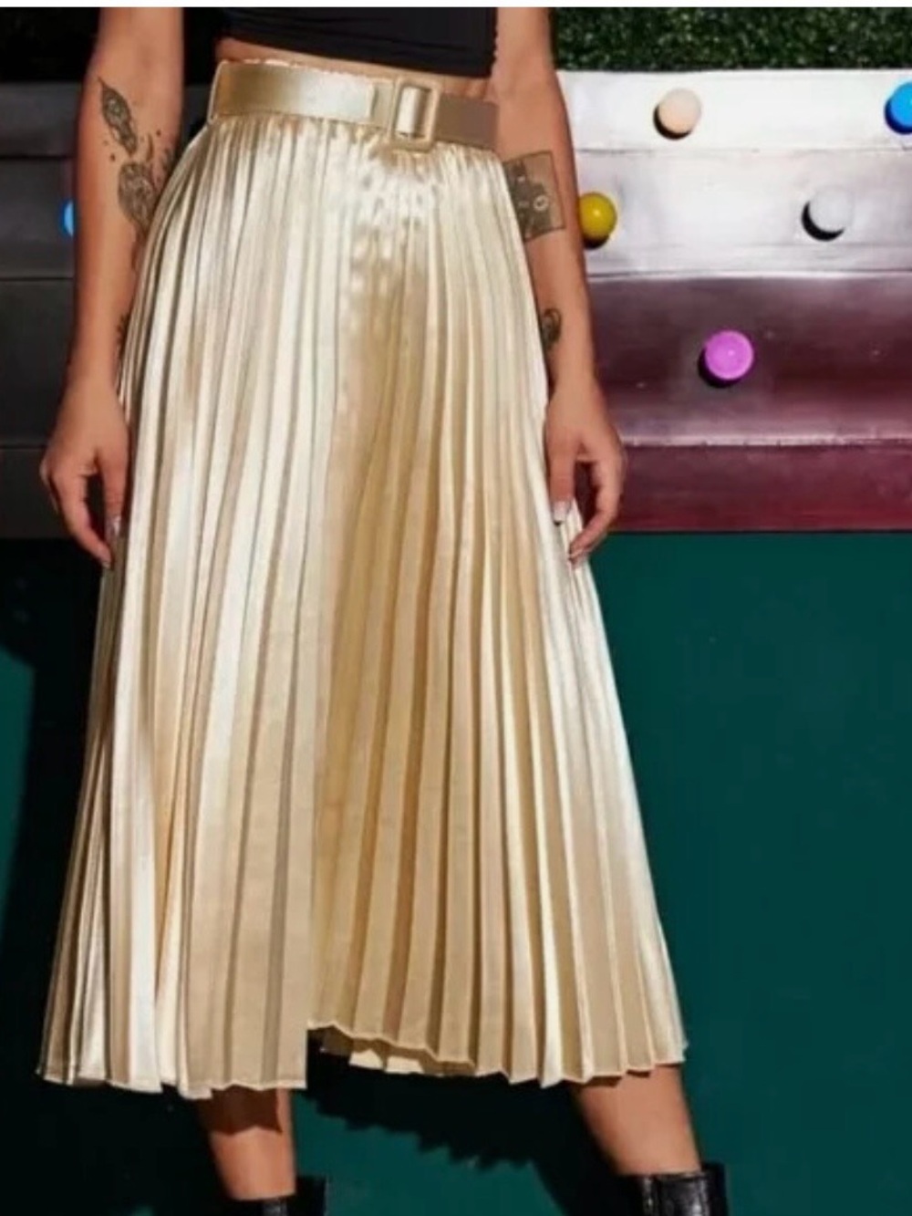 Chaps Women’s Metallic Gold Pleated Midi Skirt Size 10 Glam Holiday Event